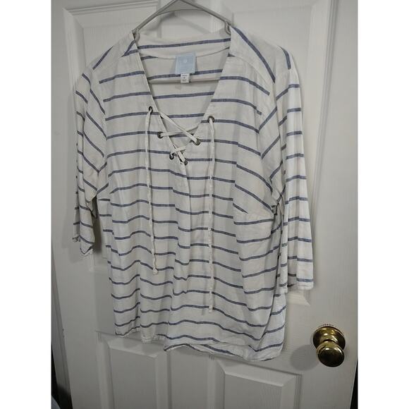 Sunday Woman 1X Blouse Pullover V Lace Neckline Blue White Striped Linen Blend - Picture 2 of 11